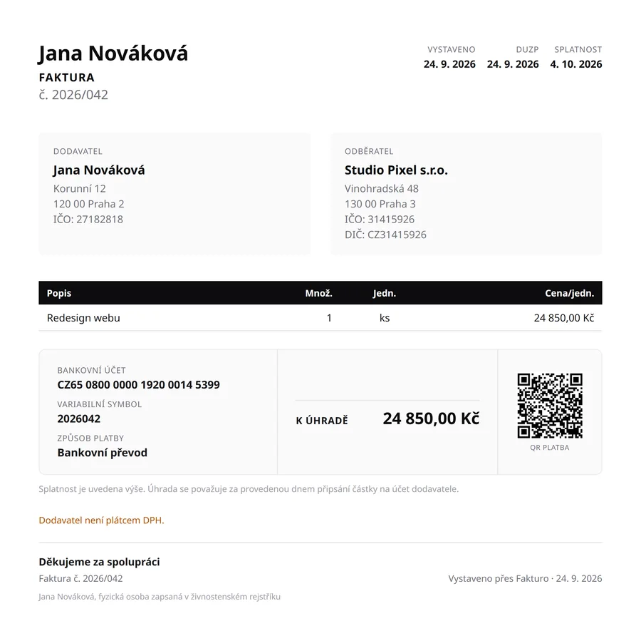 Rechnung 2026/042 für Pixel Studio GmbH, in Fakturo erstellt, mit QR-Code zur Zahlung